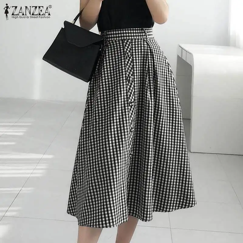 

ZANZEA Summer Vintage Women's Skirts 2021 Plaid Cherk Midi Skirts Casual Ladies High Waist A-line Back Zipper Oversized Bottoms