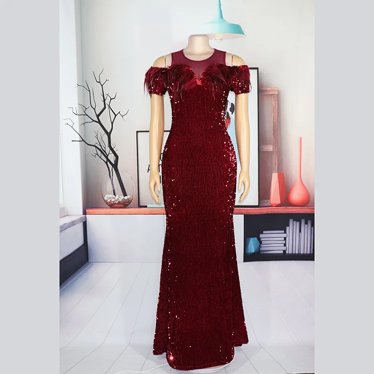 

Strapless Sequins Elegant Off Shoulder Wedding Party Dress Sexy Slim Buttocks Dress Red Retro Long Dresses