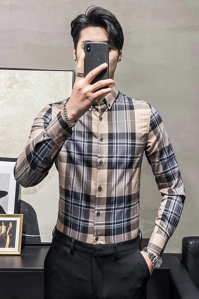 

Classic Plaid Shirts Men High Quality Business Formal Dress Shirt 2021 Casual Slim Long Sleeve Shirt Streetwear Social Clothes
