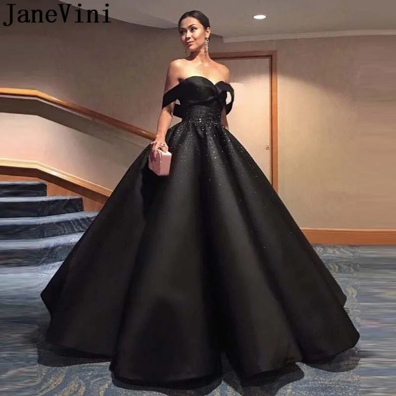 JaneVini Sexy Black Long Evening Dresses Ball Gown Off Shoulder Satin Ruched Shiny Heavy Beading Floor Length Arabic Dinner | Свадьбы и