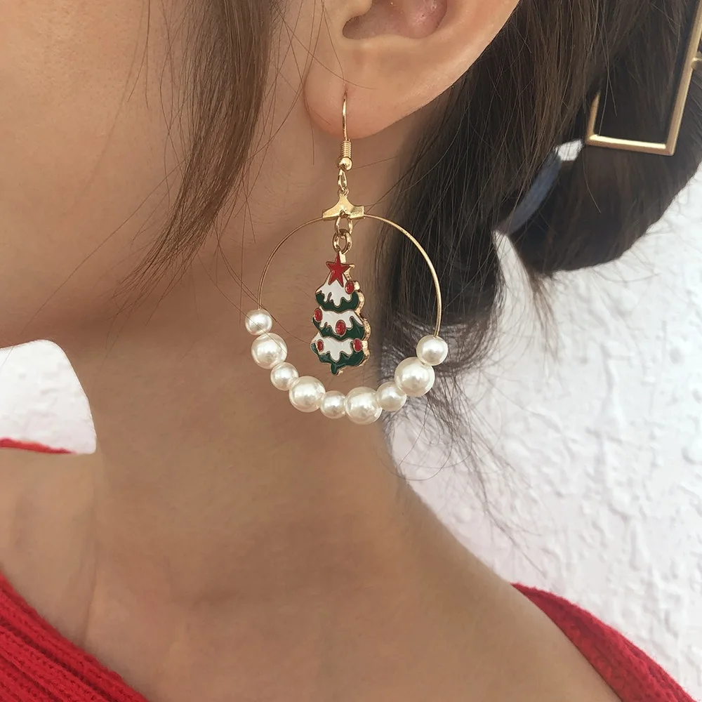 

Exaggerated Imitation Pearl round Ring Earrings Christmas Series Elk Crutch Fashion Earrings Earrings for Women