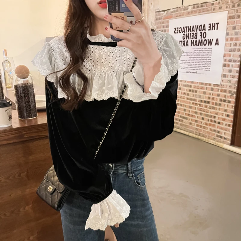 

2021 Womens Tops and Blouses Cotton Chiffon Stitching Blouse Solid Stand Collar Ladies Lace Tops Women Shirts Blusas Feminine