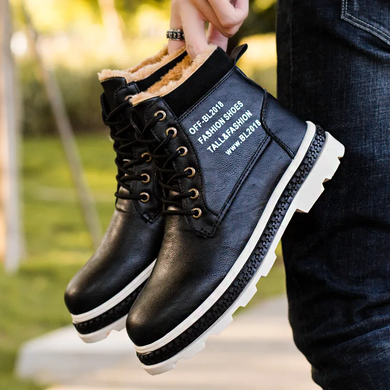 Зимние мужские ботинки с мехом теплая флисовая кожаная обувь высокие со