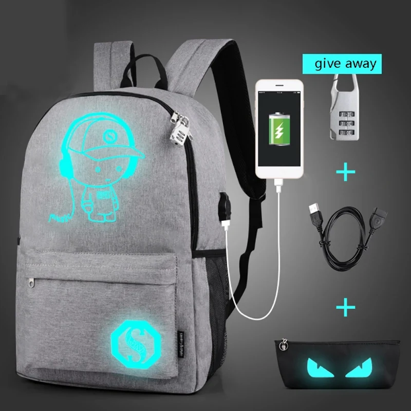 

2020 Student Fashion Sports Bag Luminous Animation Teen USB Charging Computer Backpack
