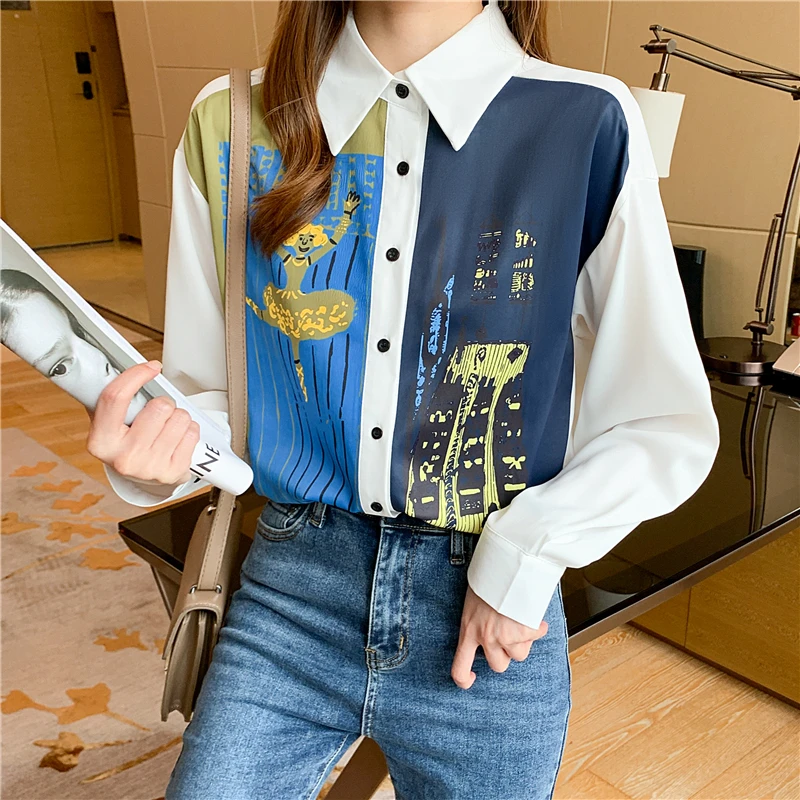 

Chikichi 2021 Spring and Autumn New Style Korean Fashion Lapel Stitching Contrast Color Chiffon Ladies Long-sleeved Button Shirt