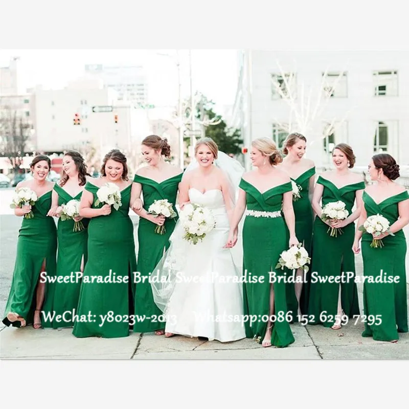 

Cheap Green Mermaid Bridesmaid Dresses With Appliques 2020 Side Split Off Shoulder Long Wedding Guest Dress Vestido De Festa