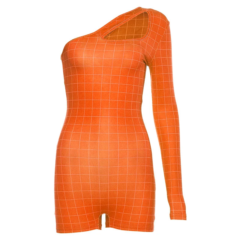 

2020 Fashion Jumpsuit Women One Shoulder Long Sleeve Plaid Casual Bodysuit For Women Hollow Out Bodycon Jumpsuit