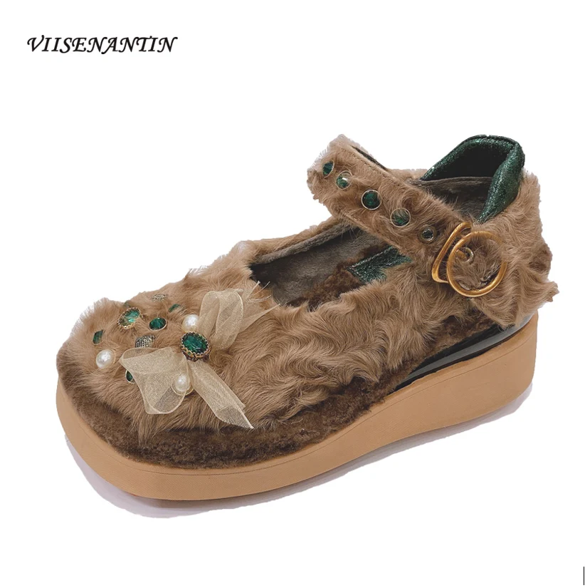 

Осенне-зимние новые стильные шерстяные туфли с заклепками и пряжкой в одно слово хлопковые туфли на толстой подошве с мехом туфли с бантом С...