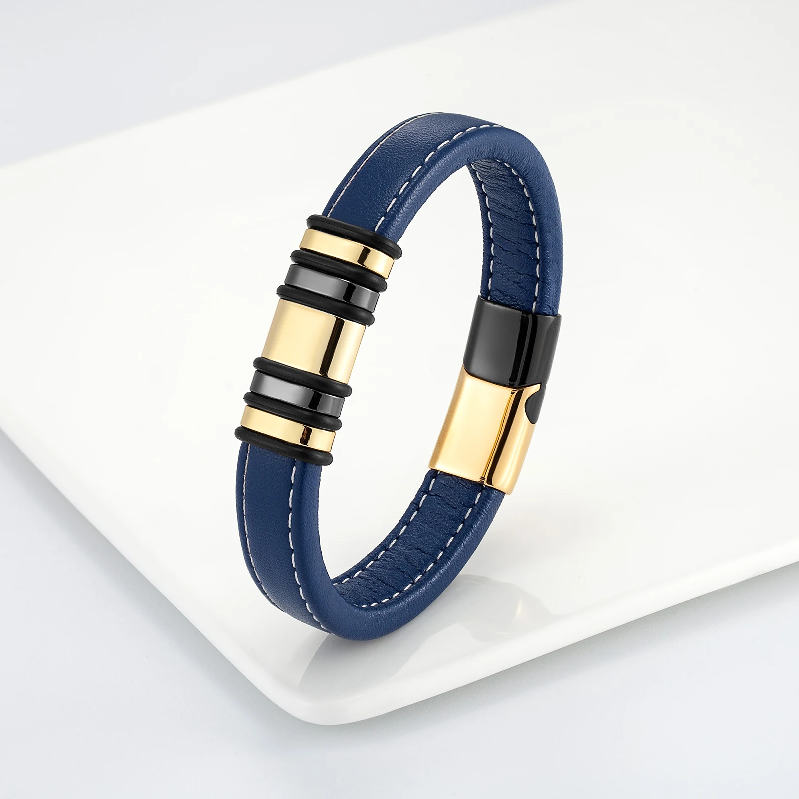 Мужской широкий кожаный браслет из нержавеющей стали в стиле панк с 5 кольцами 2021