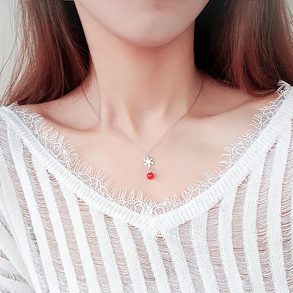 Женское модное ожерелье Снежинка с красным шариком из стерлингового серебра 925