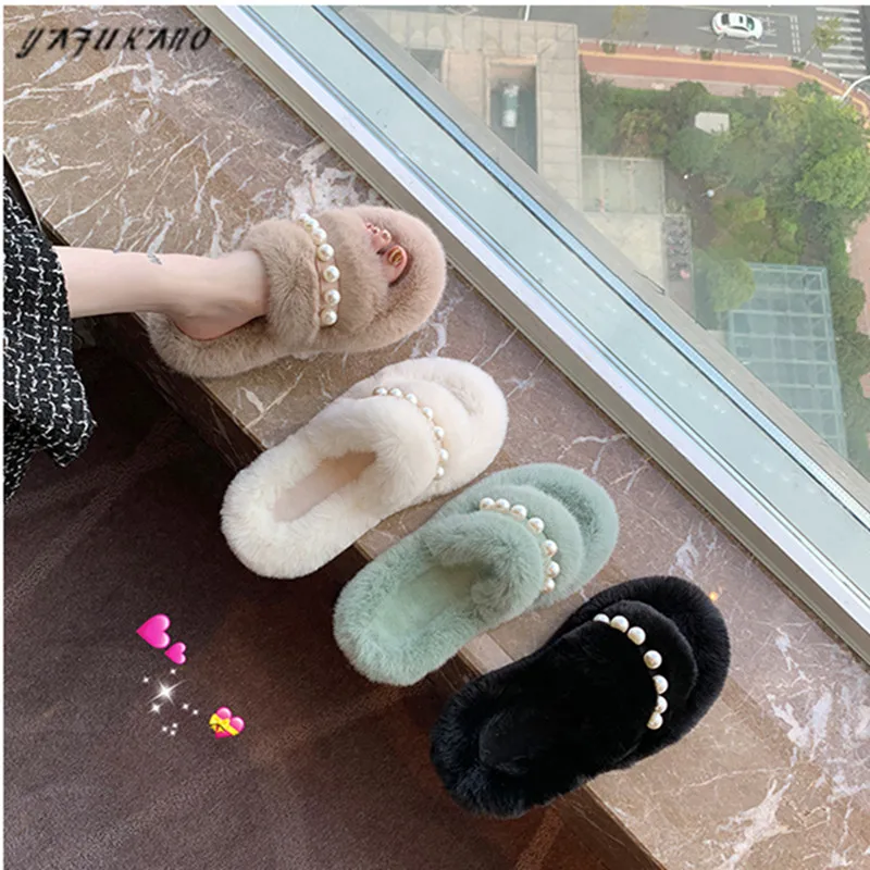 

Pearl Faux Fur Home Slippers Fluffy Hairy Women Shoe Slides Comfort Furry Flat Sandals Cute Indoor Outdoor Non-Slip Cotton Shoes