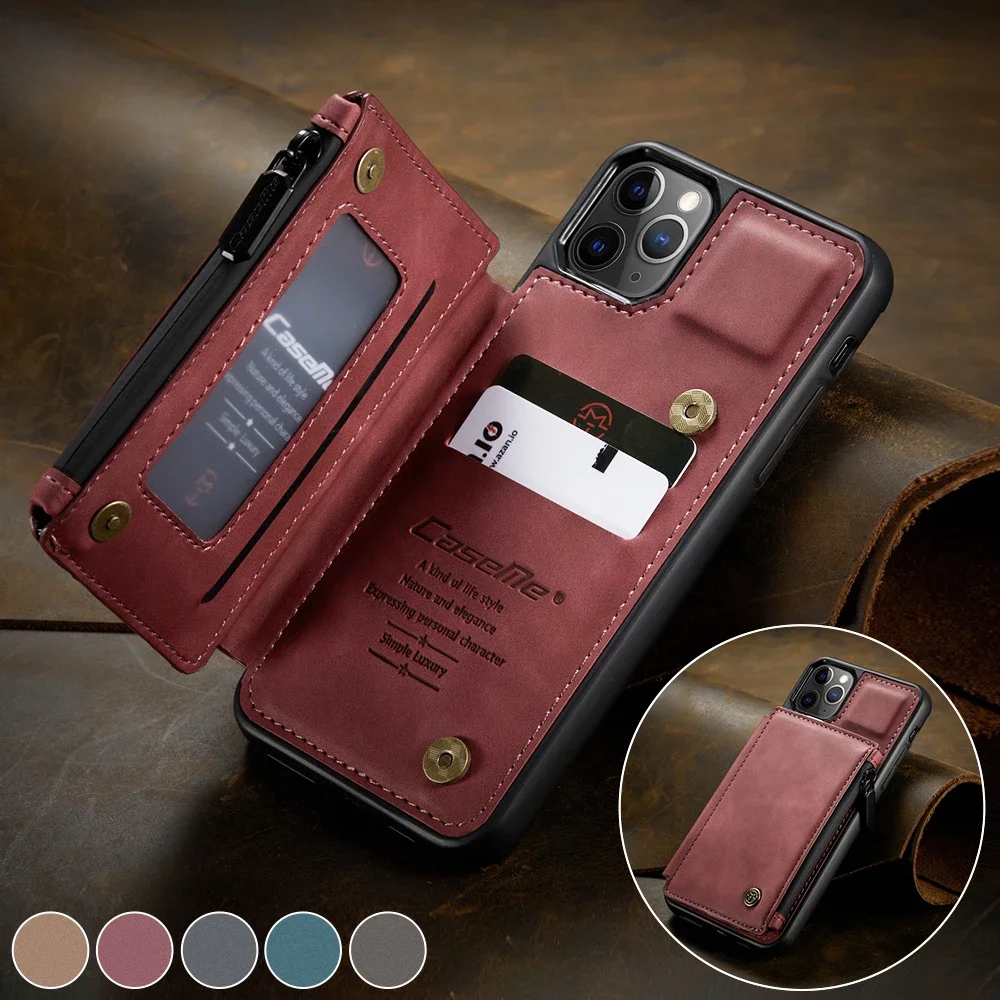 

Leather Back Case for iphone 12 11 Pro Max 12 Mini SE 2020 XS MAX X XR 7 8 Plus Zipper Wallet Card Slot Stand Back Cover