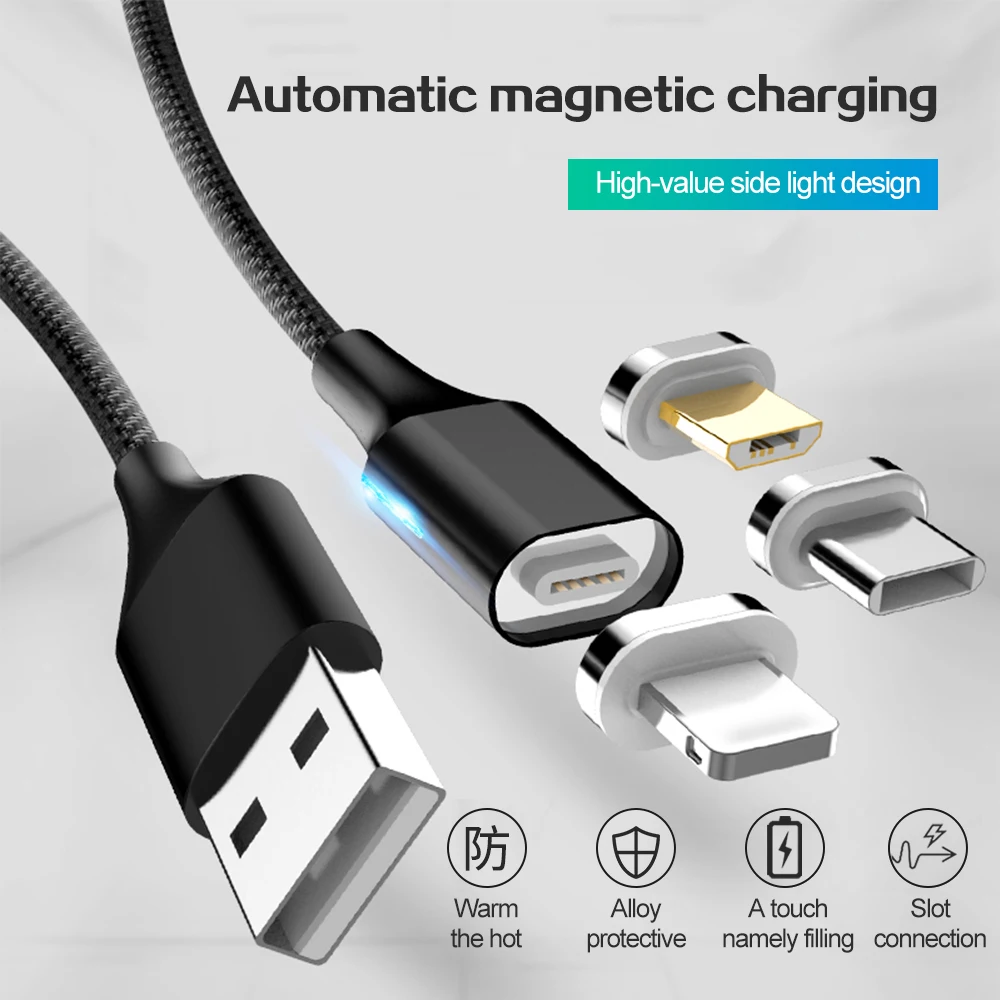 Магнитный кабель 3A для быстрой зарядки, кабель Micro USB type C для Android iPhone X XS MAX XR, магнитный usb-кабель для зарядки, нейлоновый шнур для передачи данных