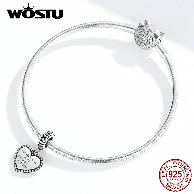 WOSTU, 925 пробы, серебро, Сестринское сердце, талисманы, подходят к оригинальному браслету, кулон, бусины для сестры, Famlly, ювелирное изделие, подарок, BKC1396