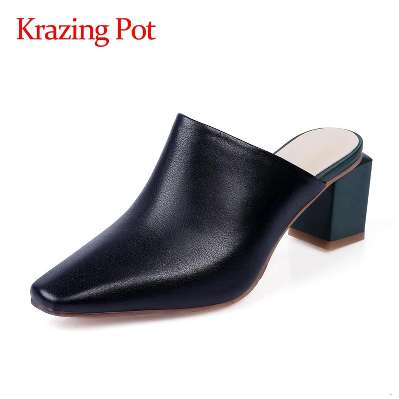 

Женские кожаные туфли без задника Krazing Pot, повседневные туфли-лодочки из зернистой кожи с квадратным носком на высоком квадратном каблуке, м...