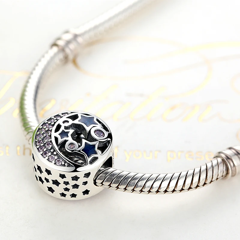 ELESHE 925 Sterling Silvrer Pink Clear CZ Moon Night Sky Star Charm Fit Original Charm Bracelets Necklaces DIY Jewelry Making