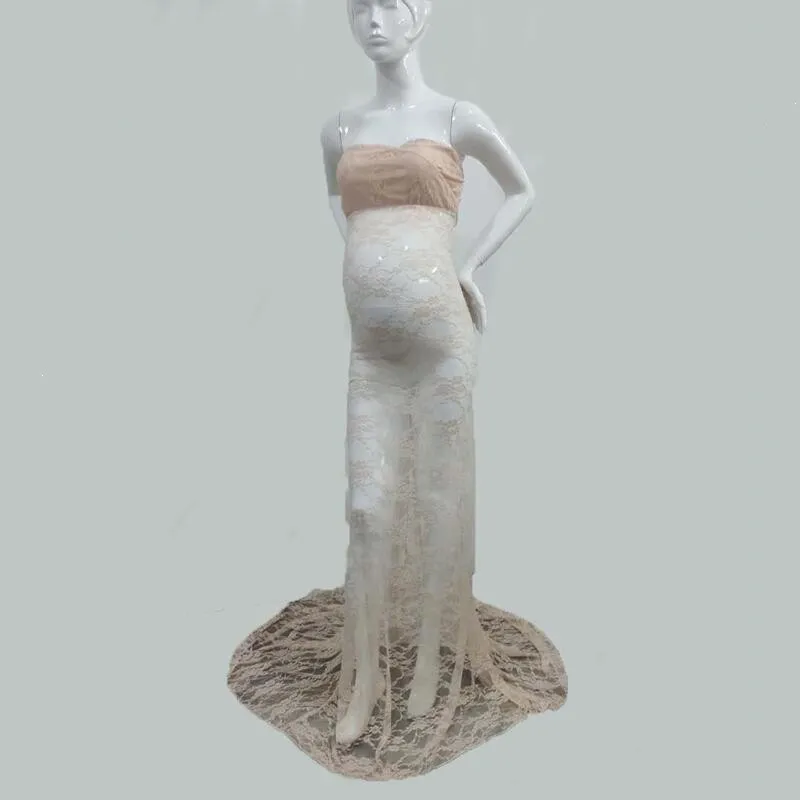 Vestido de encaje sin hombros para fotograf&iacute;a de mujeres, maxivestido de maternidad para sesi&oacute;n de fotos del embarazo-4
