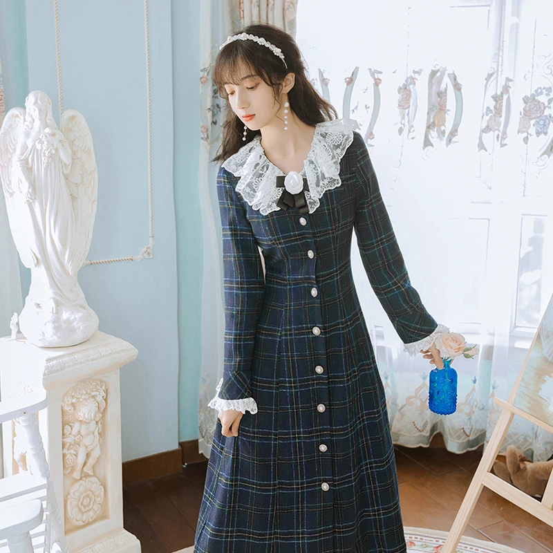 2019 Новая мода Женская одежда с длинным рукавом осень и зима клетчатое платье для