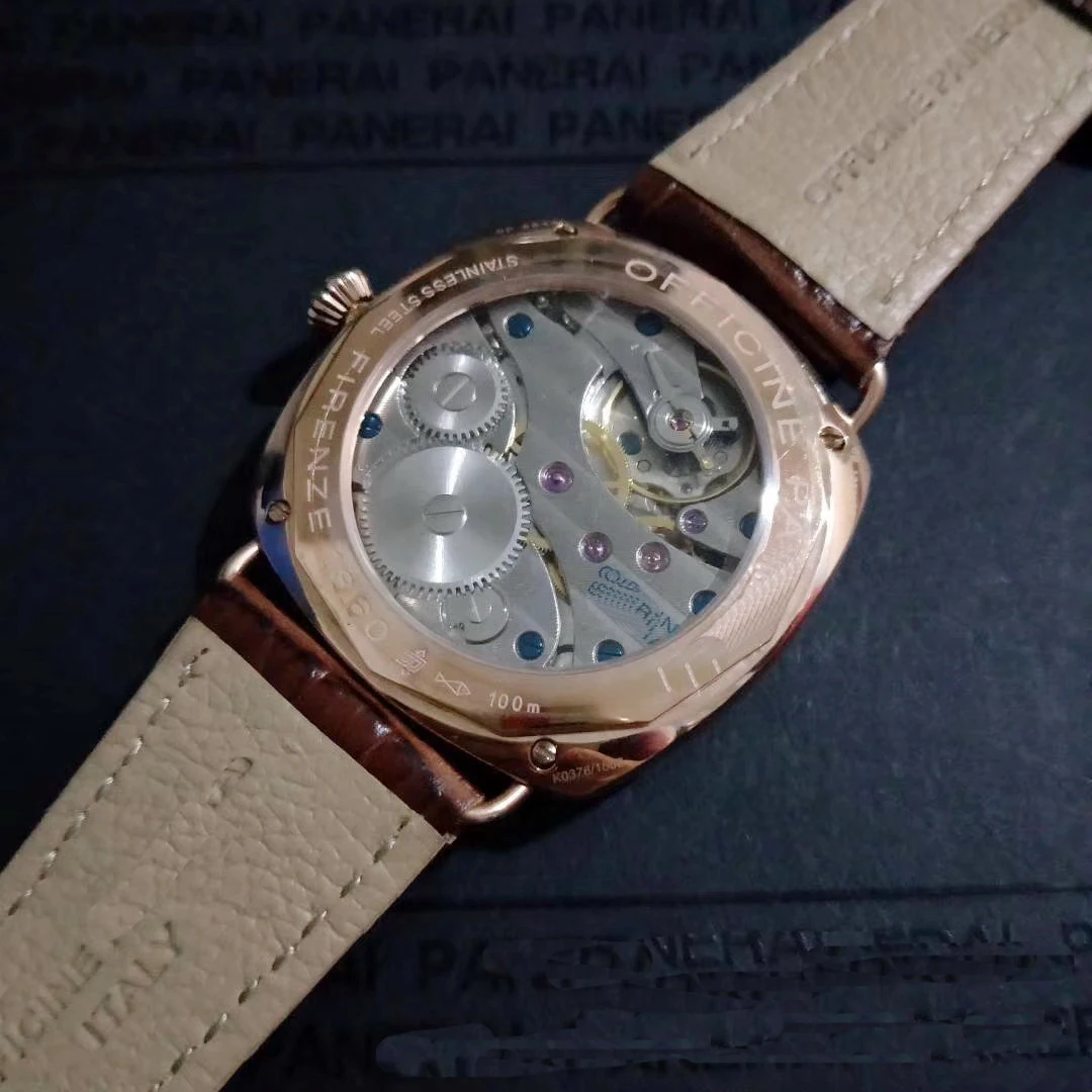 

Classic New Mechanical Hand Wind Men Brown Leather Rose Gold 8 Days Brown Leather Sapphire Stainless Steel No Date Watch 45mm