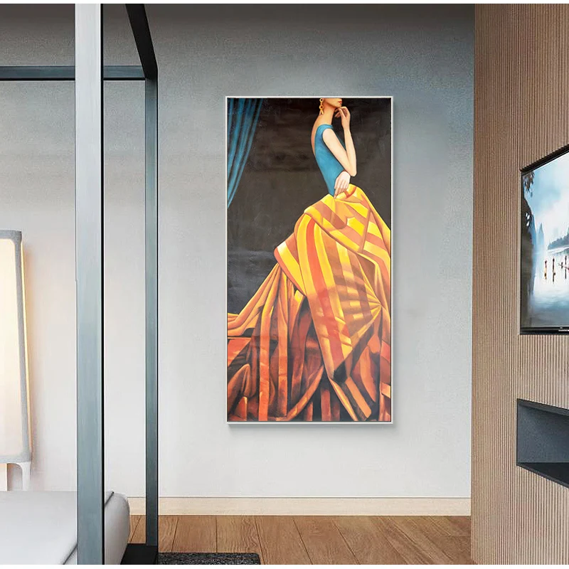 Модные Роскошные картины на холсте абстрактное желтое платье Женский постер с