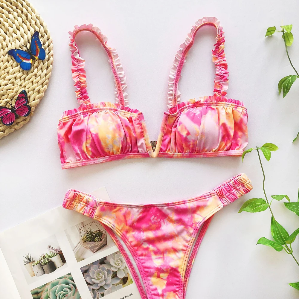 Бикини Amecire с принтом на завязках стринги укороченный купальник 2020 оборками