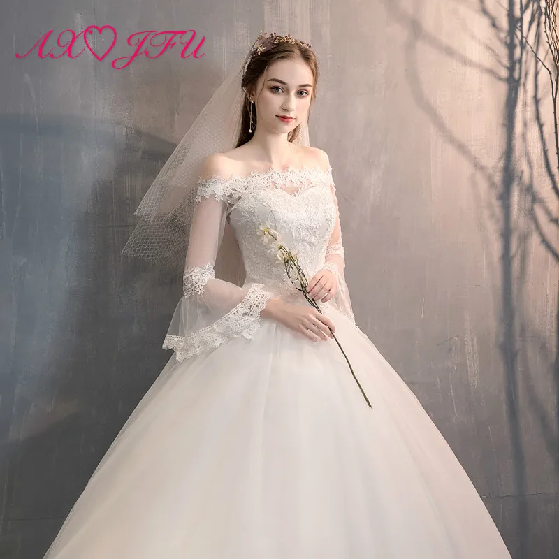 

AXJFU princess flower lace white wedding dress vintage boat neck illusion ruffles flare sleeve ball gown white wedding dress