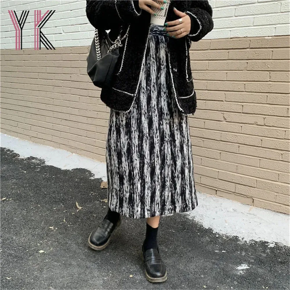 

Tie Dye Back Slit Elastic High Waist Midi Skirt Harajuku Gothic Women Vintage Straight Sukienka Autumn Winter Ins Y2k Black Saia