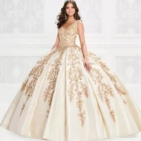 elegant champagne quinceanera dress 2022 ball gown sweet 18 v neck fashion lace appliques lace up back party gown pleat satin