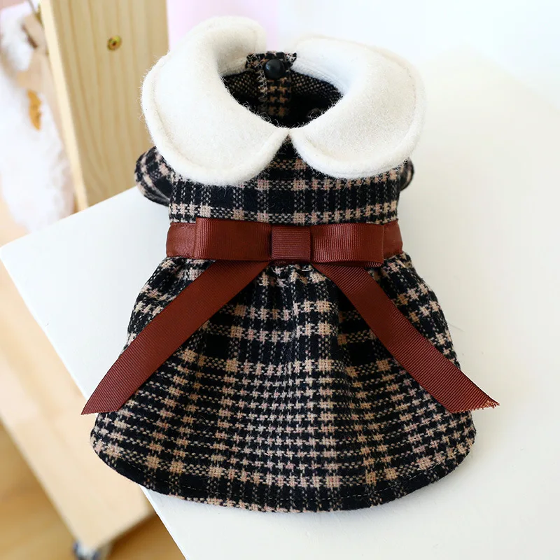 

Tartan Warm Princess Dog Clothes Student Doll Collar Bowknot Checked Woolen Dress for Dogs