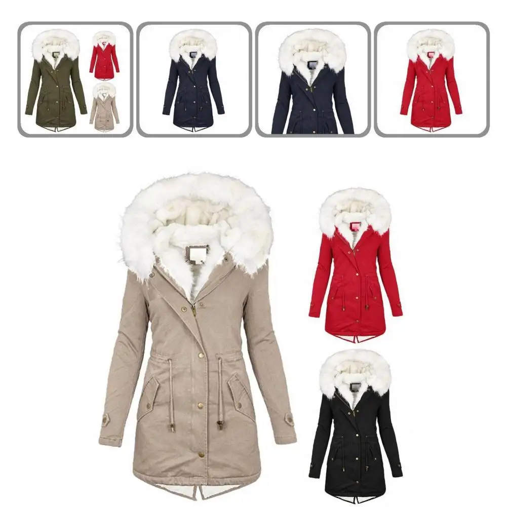 

Cotton Coat Mid-Length Waist Tight Windproof Fleece Lined Multi Pockets Winter Jacket Casual Coat Outerwear