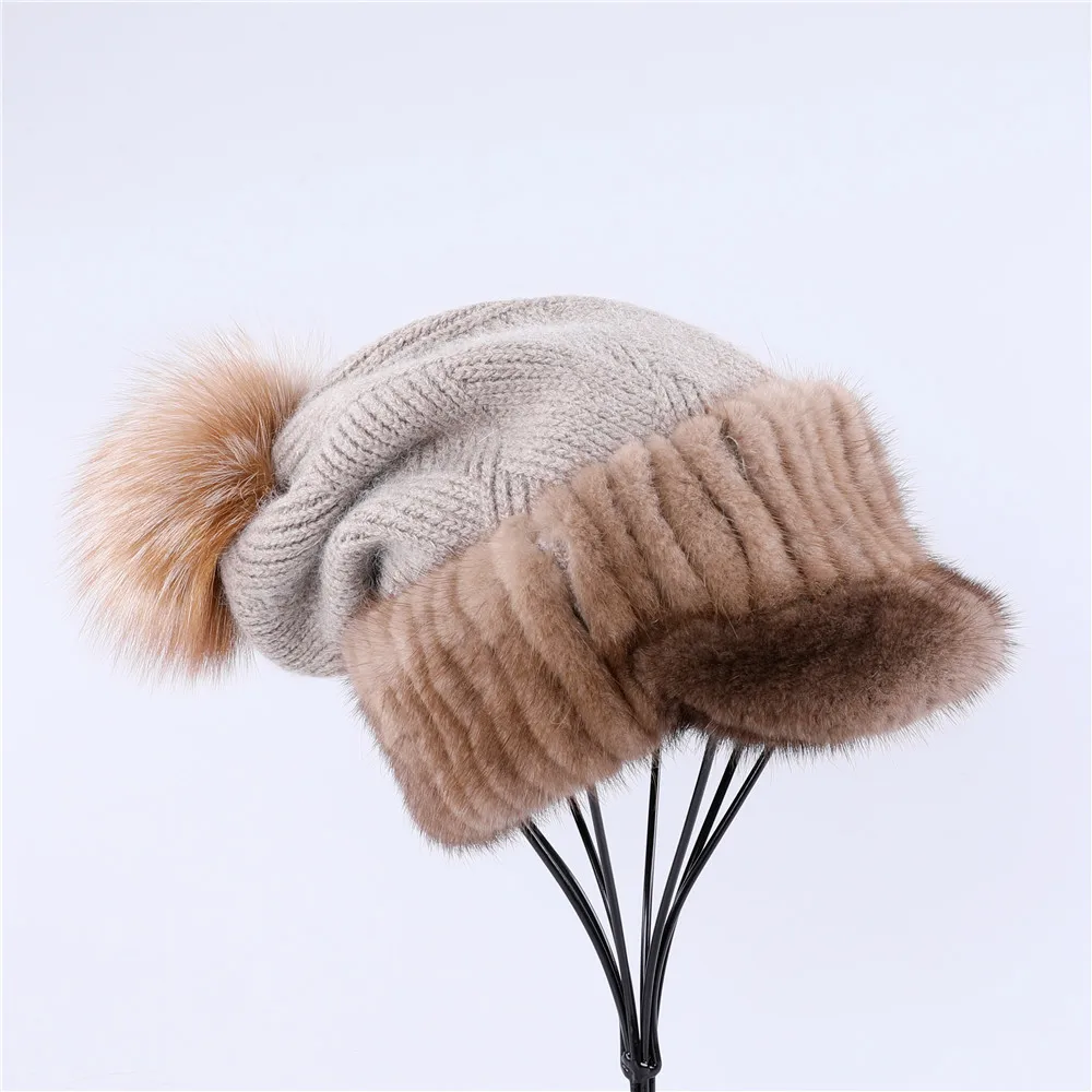 New Arrival Women's Soft Knitted Beanie Hat Fashionable Lady Fox Fur Pom Poms Winter Peaked cap With Mink Fur Stripes