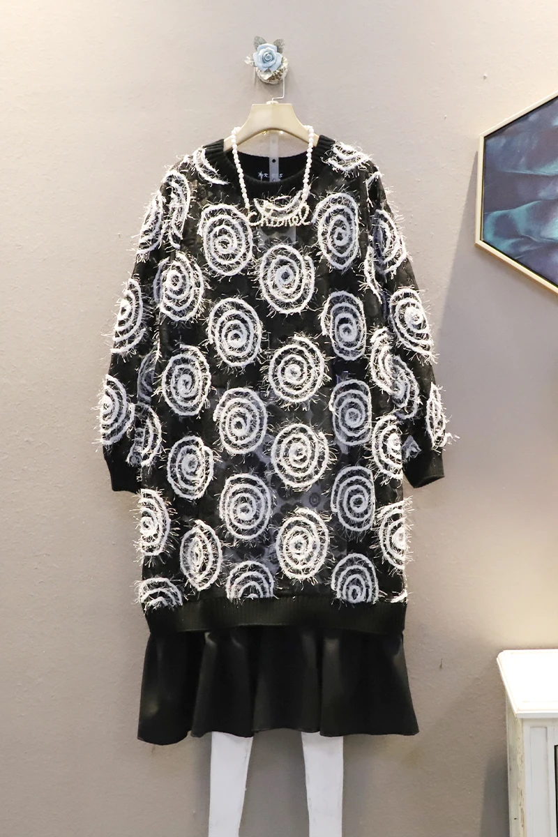 

QING MO Women Circle Pattrn Sweatshirt 2021 Women Ruffle Patchwork Sweatshirt Dress Female Temperament Dress ZQY6333