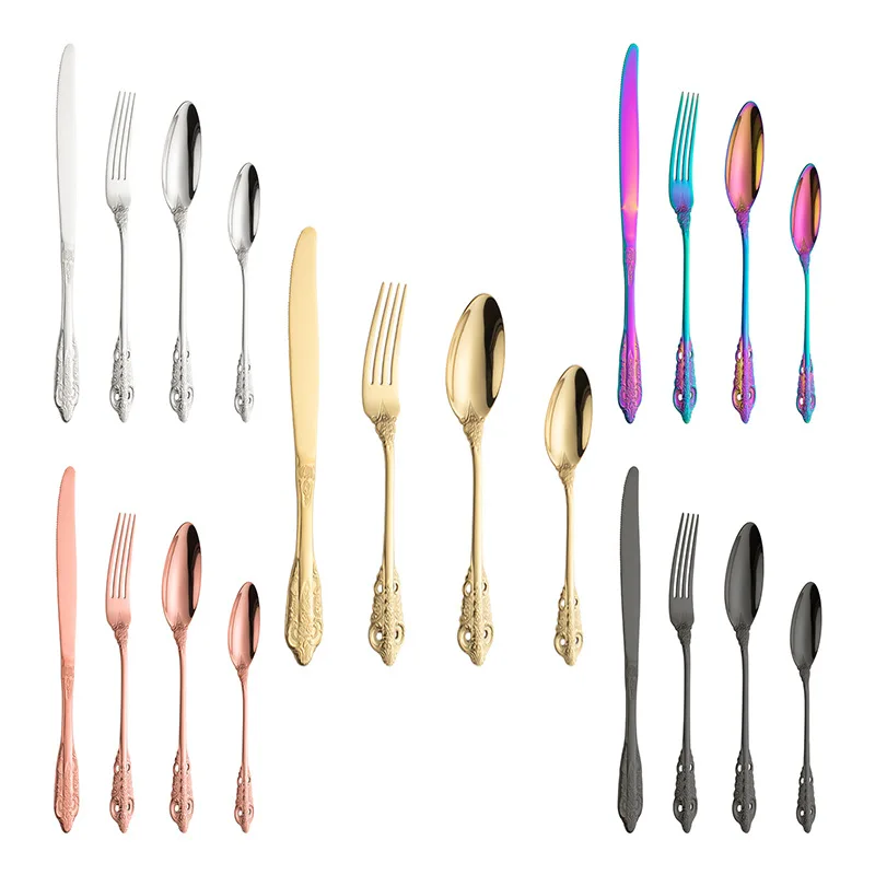 

CJ005 4Pcs 304 Stainless Steel Tableware Set Made Old Imperial Court Series Creative Retro Western Food Knives, Forks and Spoons