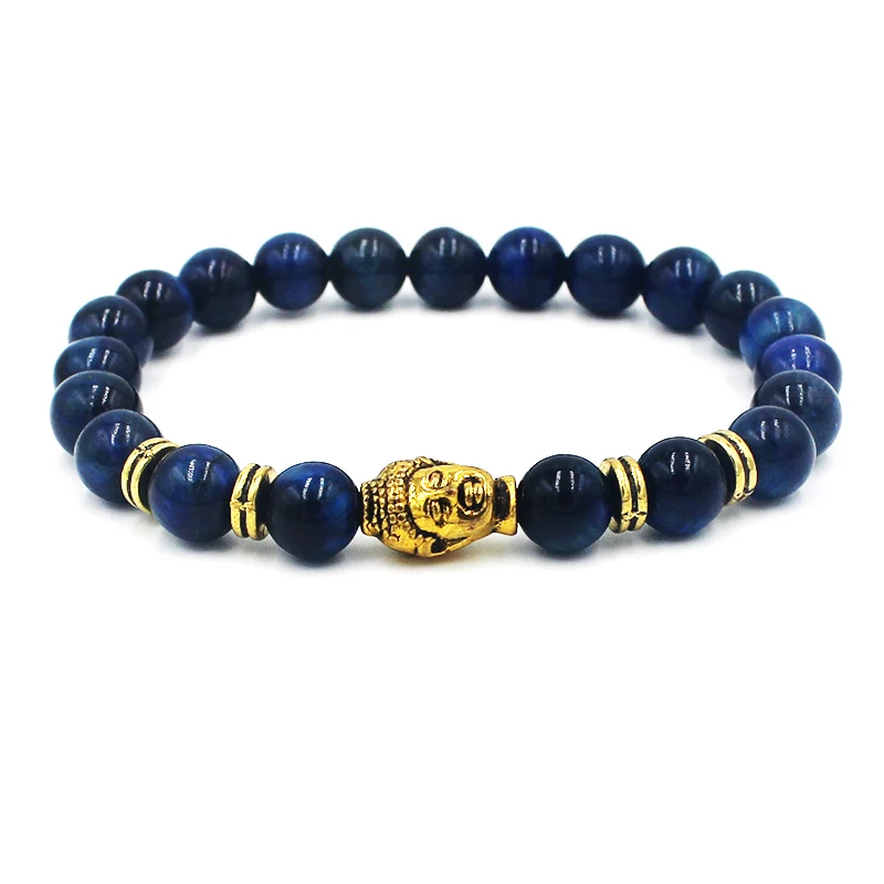 Модный цветной браслет с головой Будды мужской синий натуральным тигровым