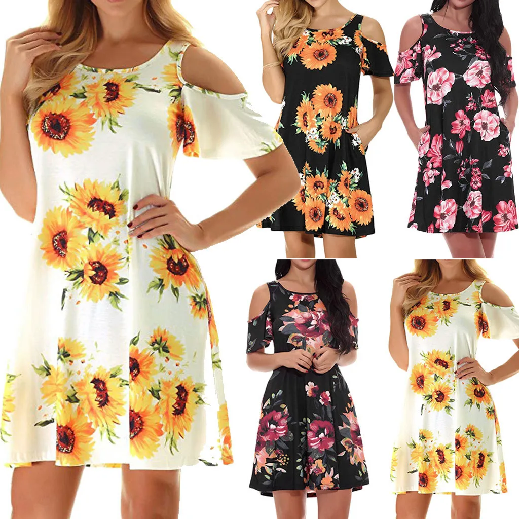 

Women's Floral Printing Skirt Off Shoulder Short Sleeve O-Neck Slim Sexy Dress Female Office Casual Clothes 2021 Summer S-XXL