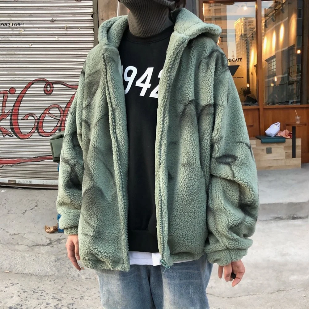 Korea Tide Tie-dye Loose Hooded Cardigan Men/women Lambskin Short Velvet Warm Winter Coat Fashion Casual Street Clothing