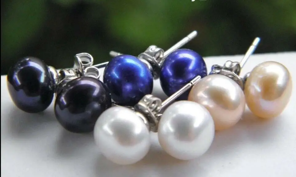 

4Pairs 8-8.5MM Natural White Pink Black Blue Akoya Pearl Earrings AAA Grade