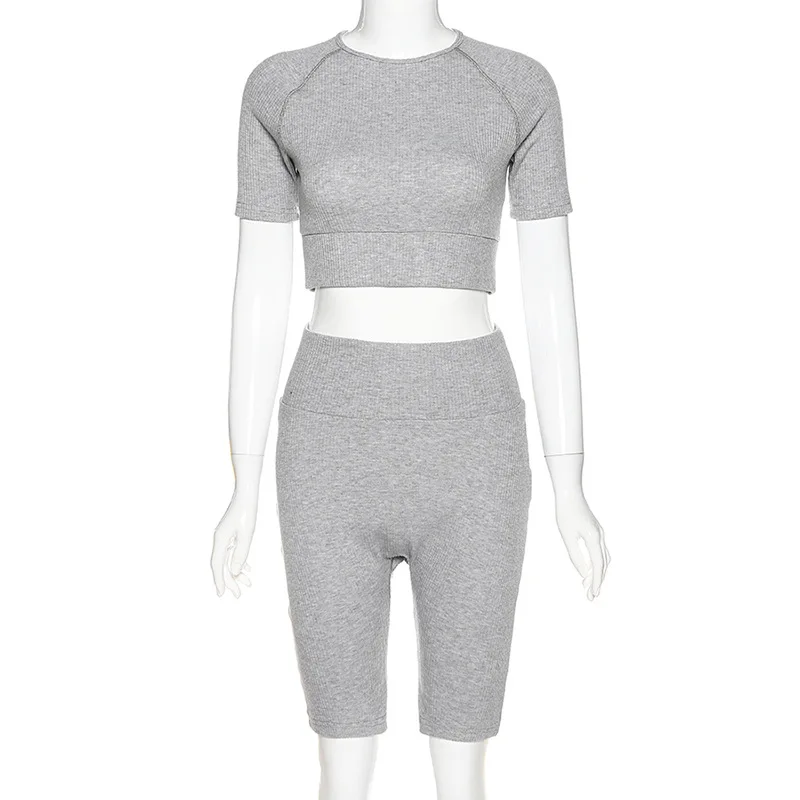 

Echoine Knitted Ribbed Crop Top and Shorts 2 Piece Set Jogging Femme Short Sleeve lounge wear outfits for women Tracksuit 2020