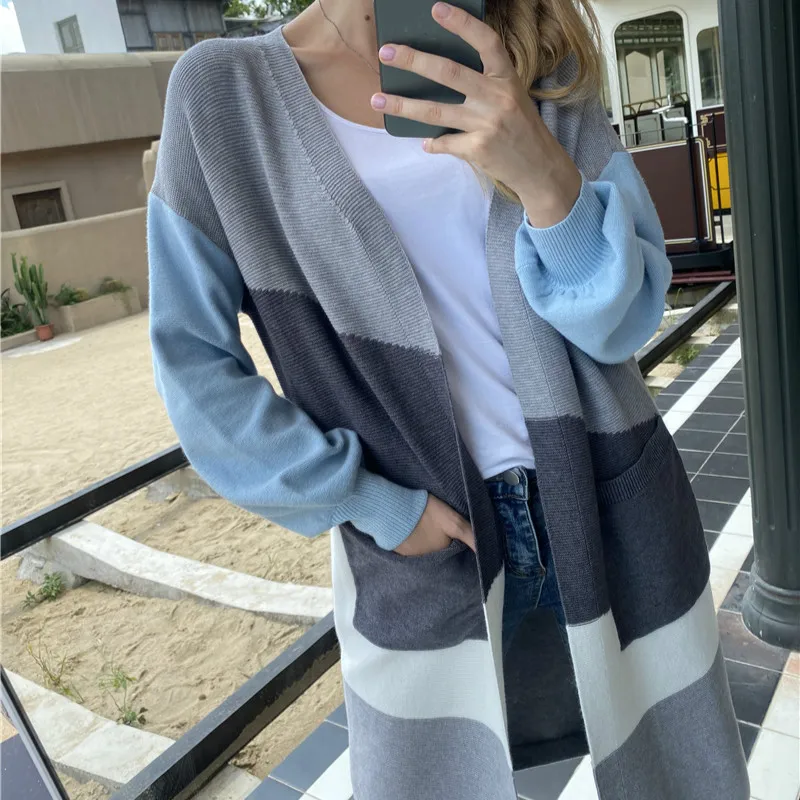 

Женский полосатый кардиган с V-образным вырезом, кашемировый свитер, длинный вязаный кардиган, яркое женское осеннее пальто