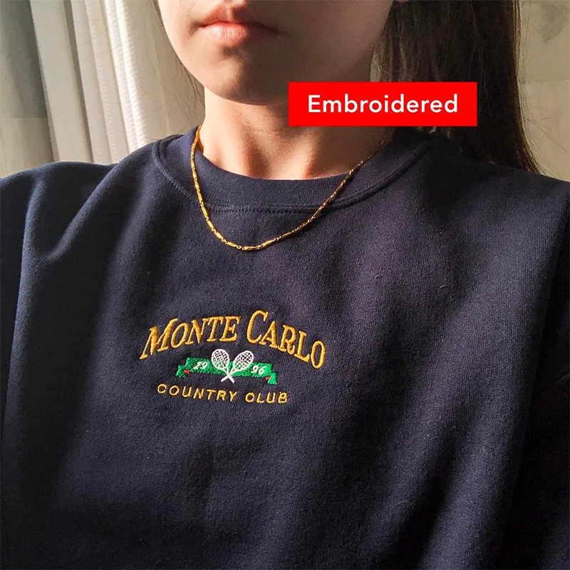 

Monte Carlo Country Clubs Letters Embroidery Printing Vintage Sweatshirts Unisex Crewneck Loose Thick Fleece Autumn Pullover