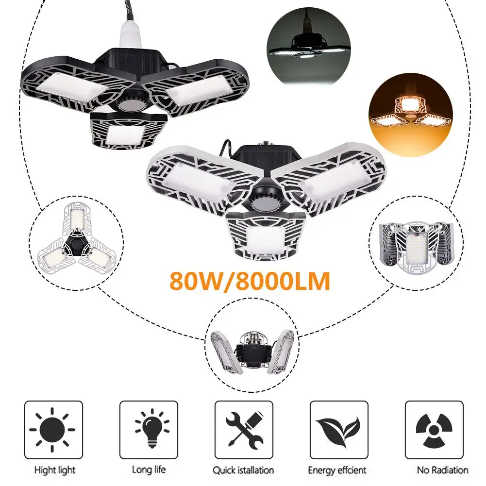 80W E27 Fold UFO LED Light 8000LM Three Garage Lamp High Bay Workshop Lighting Parking E26 Warehouse Lights | Освещение