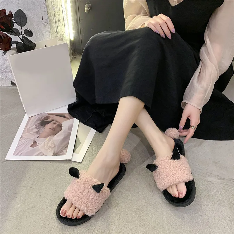 COOTELILI Woman Slippers Winter Shoes For Women New Fashion Sheep Faux Fur Flat Heel Pink Beige Plus Size 40 41 | Обувь