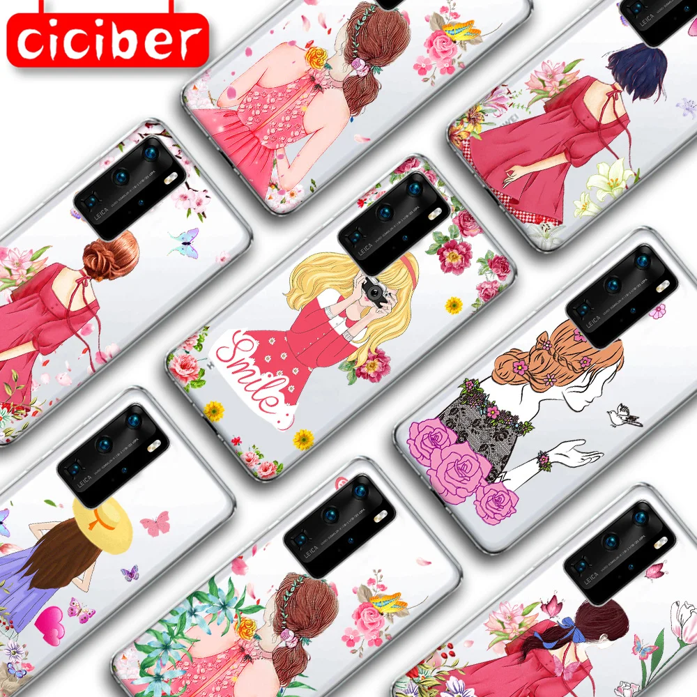 

Girl Flower Case For Huawei P40 P30 P20 P10 Mate 30 20 Honor 20 10 Lite Pro Nova 4 3 6se P Smart Plus 2019 Soft TPU Phone Fundas