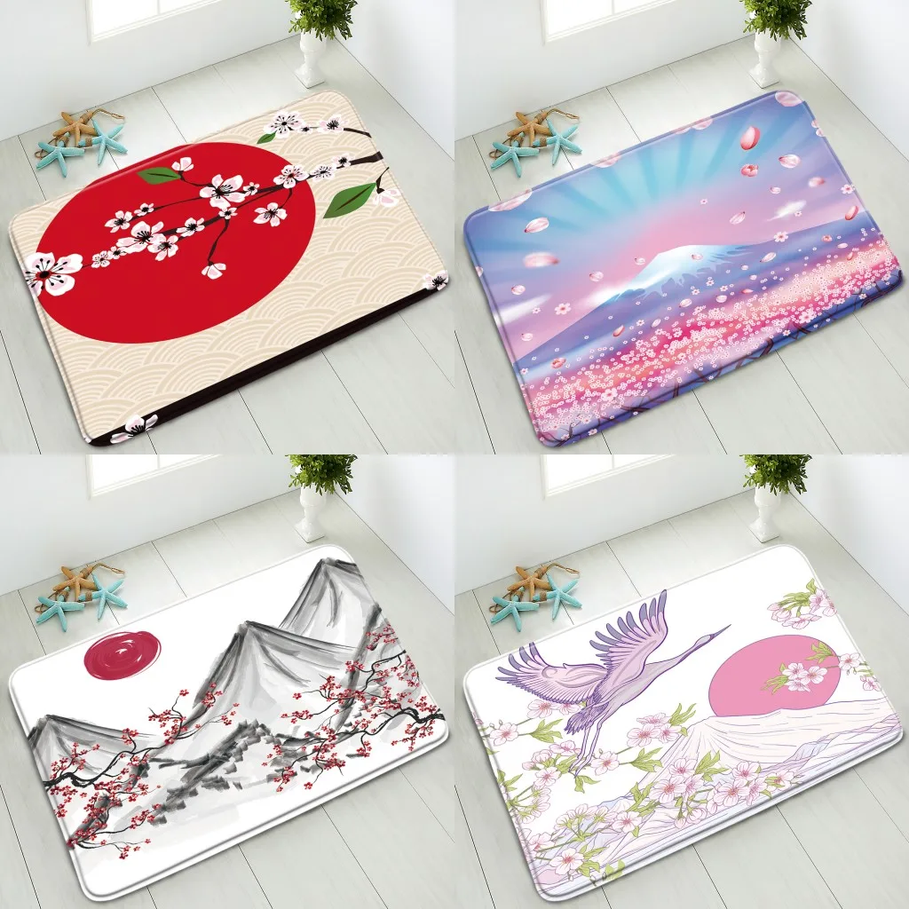 

Japanese Style Mount Fuji Non-Slip Bathroom Mat Pink Cherry Blossom Flower Green Leaves Bedroom Kitchen Doormat Absorbent Carpet