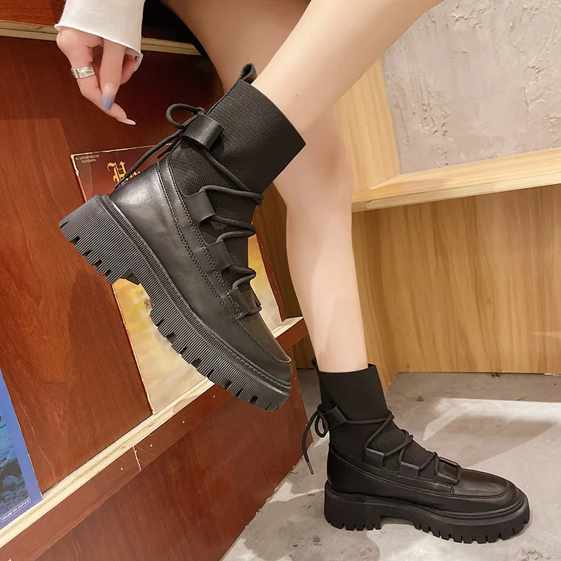 

Platform Women Boots 2021 Winter New High-quality Round Toe Lace-up Fashion Boots Thick Heel All-match Short Boots Casual Shoes