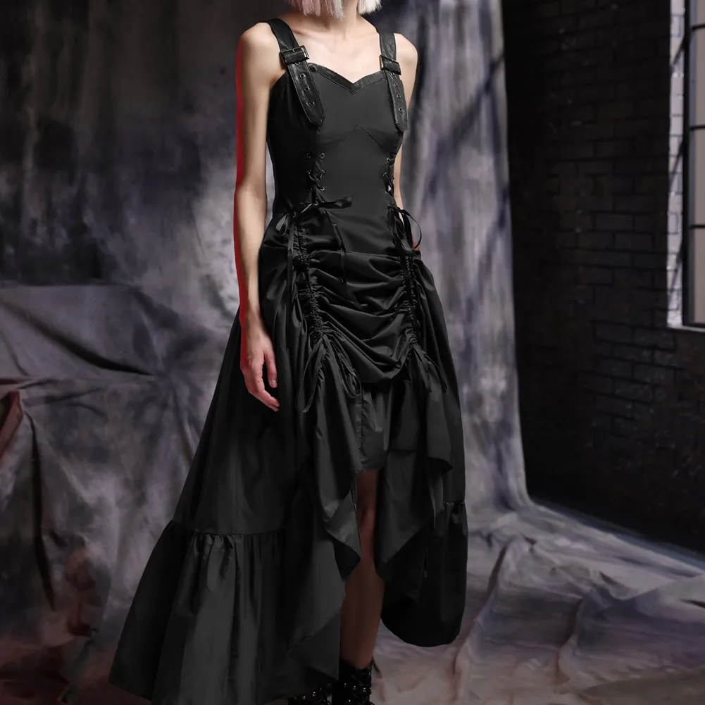 

Women's Length Adjustable Dress Steampunk Wide Shoulder Straps Sweetheart Neck Gothic Swing Maxi Long Dress Summer Girl Lady