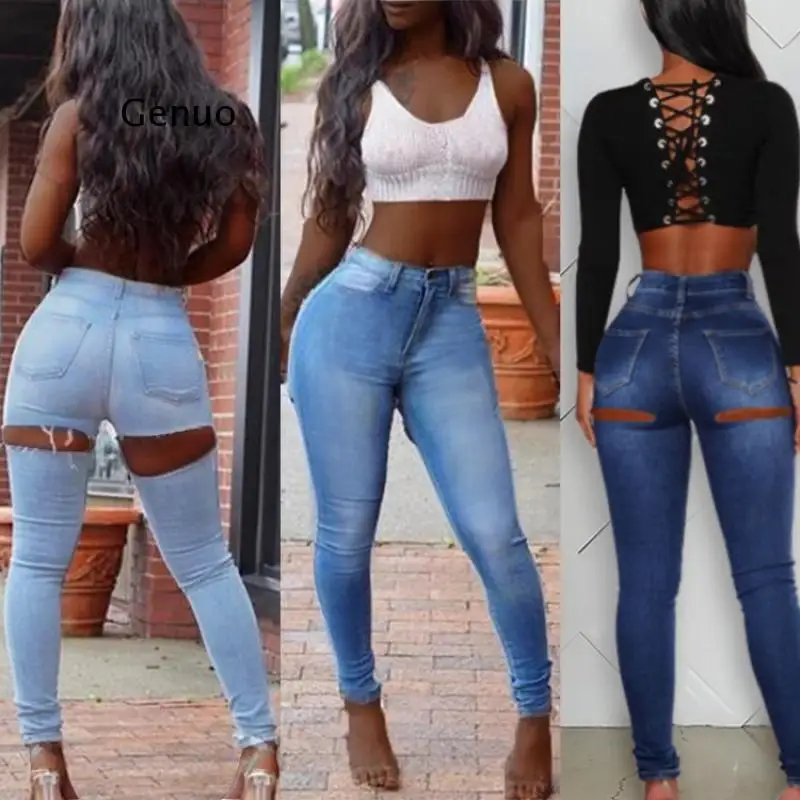 Sexy Street Plus Size High Waist Butt Ripped Jeans for Women Skinny Push Up Ass Hole Big Hips Jean Woman Pencil Denim Pant | Женская