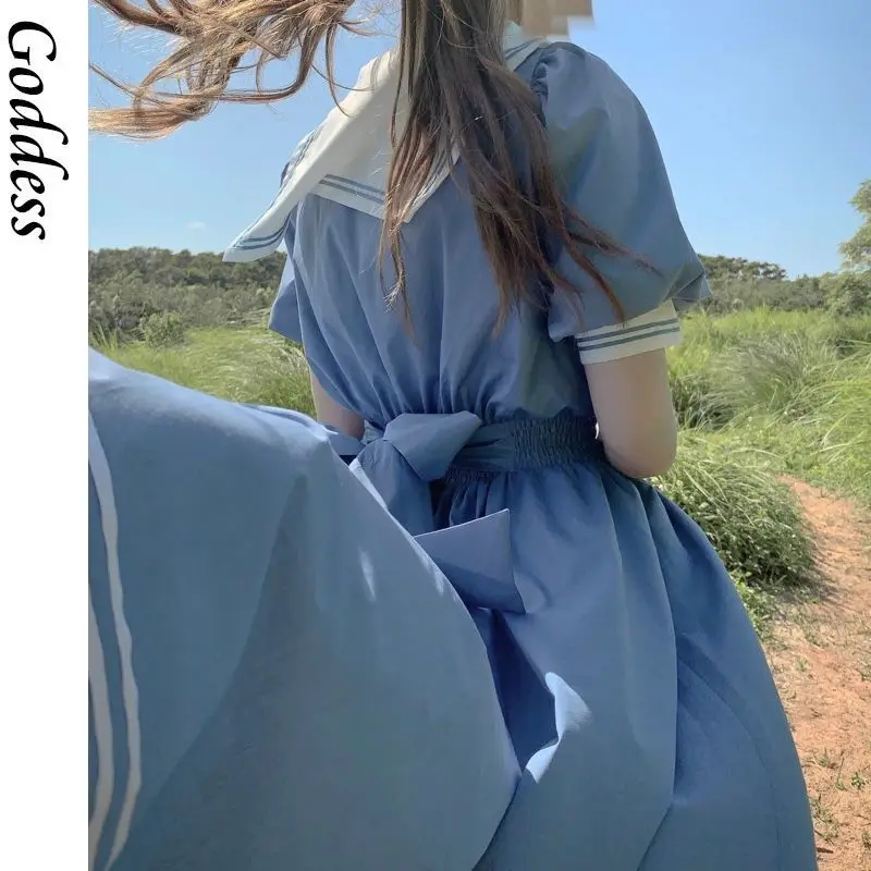 

Sweet Dress Bow-knot Girl Harajuku Kawaii Japanese Lolita College Style Summer Dress Sailor Collar Blue Navy Dress Retro Cotton