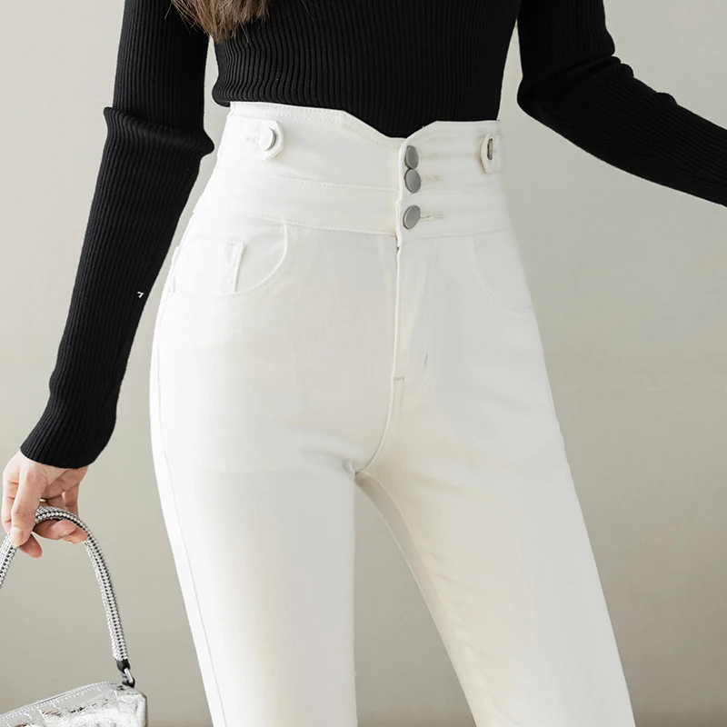 

New White Skinny Jeans Women Super High Waist Elasticity Three Buckles Skinny Fashion High Street Female Pencil Denim Pants