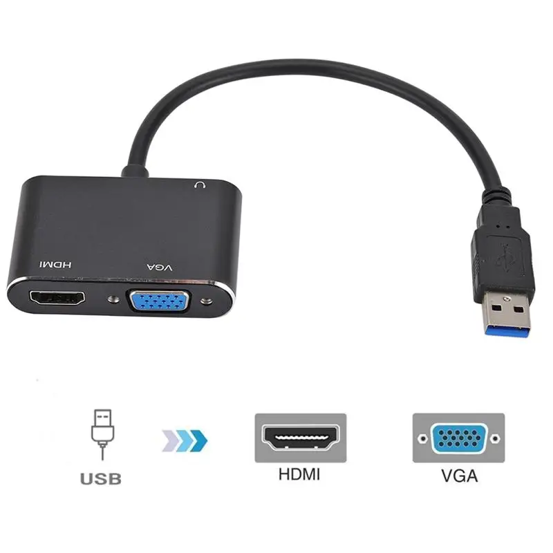 

Переходник 2 в 1, совместимый с USB на HDMI + VGA, совместимый с 1080p USB 3,0 на HDMI VGA конвертер, поддержка xp Windows 7/8/10